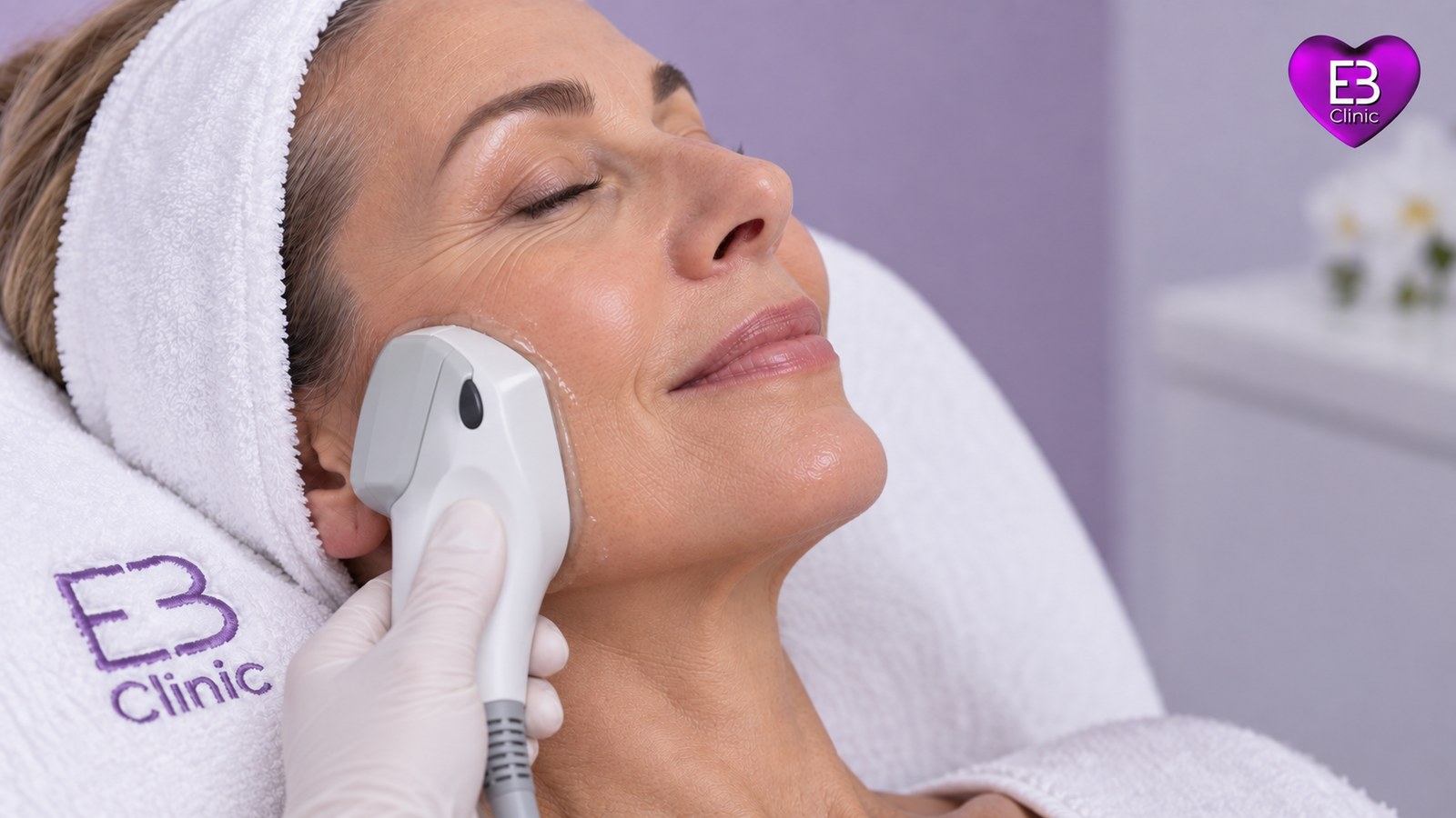 Cabezal de láser de depilación sobre toalla blanca bordada de Eternal Beauty Clinic