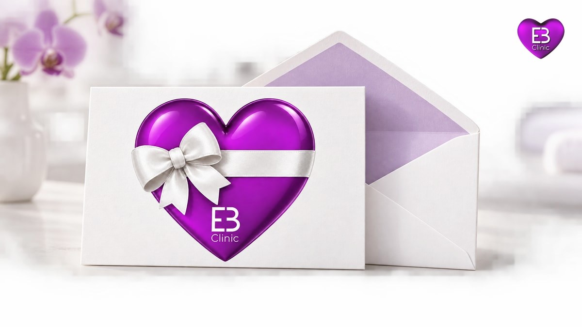 Tarjeta regalo de Eternal Beauty Clinic: corazón morado con lazo blanco y sobre