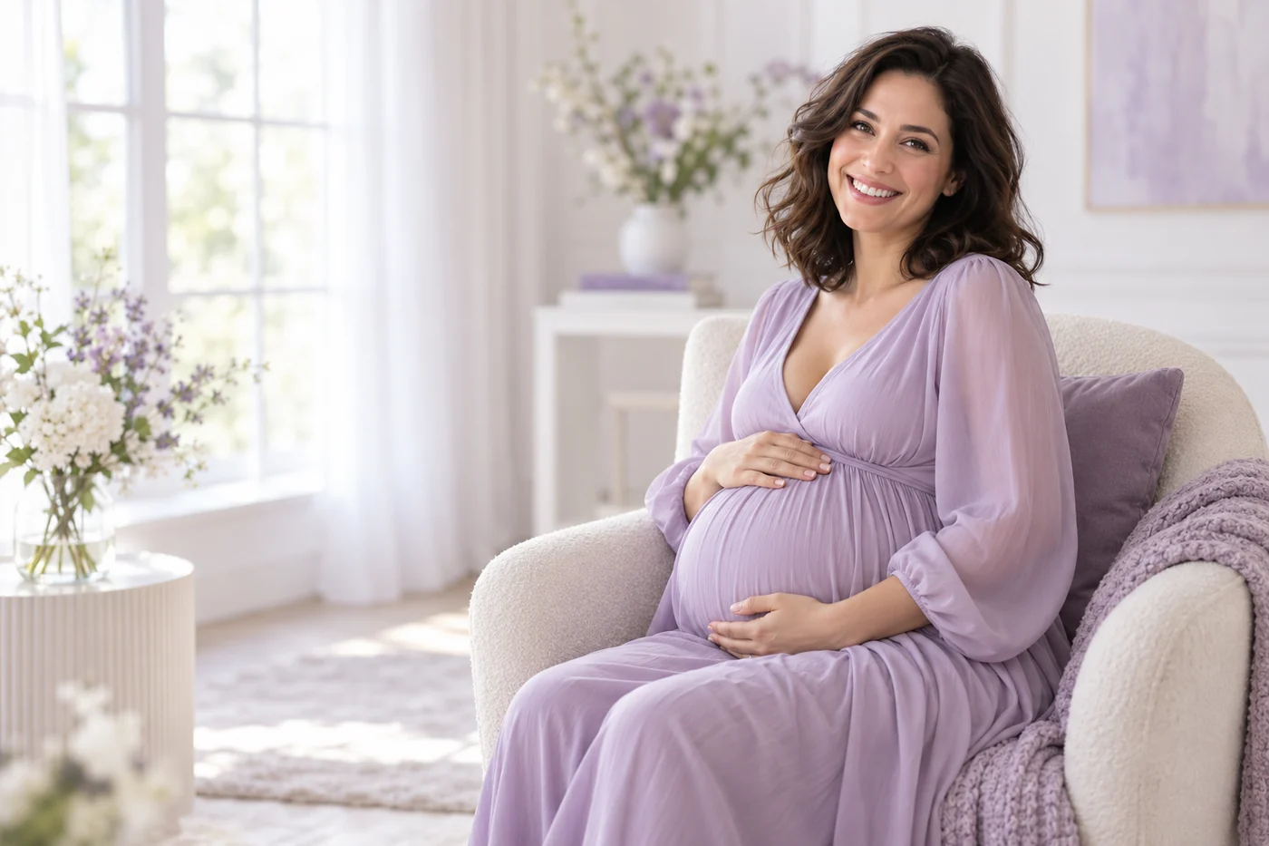 Mujer embarazada sonriente con vestido lila y las manos sobre la barriga