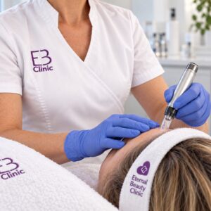 Escena ilustrativa: profesional de Eternal Beauty Clinic realizando microneedling con exosomas