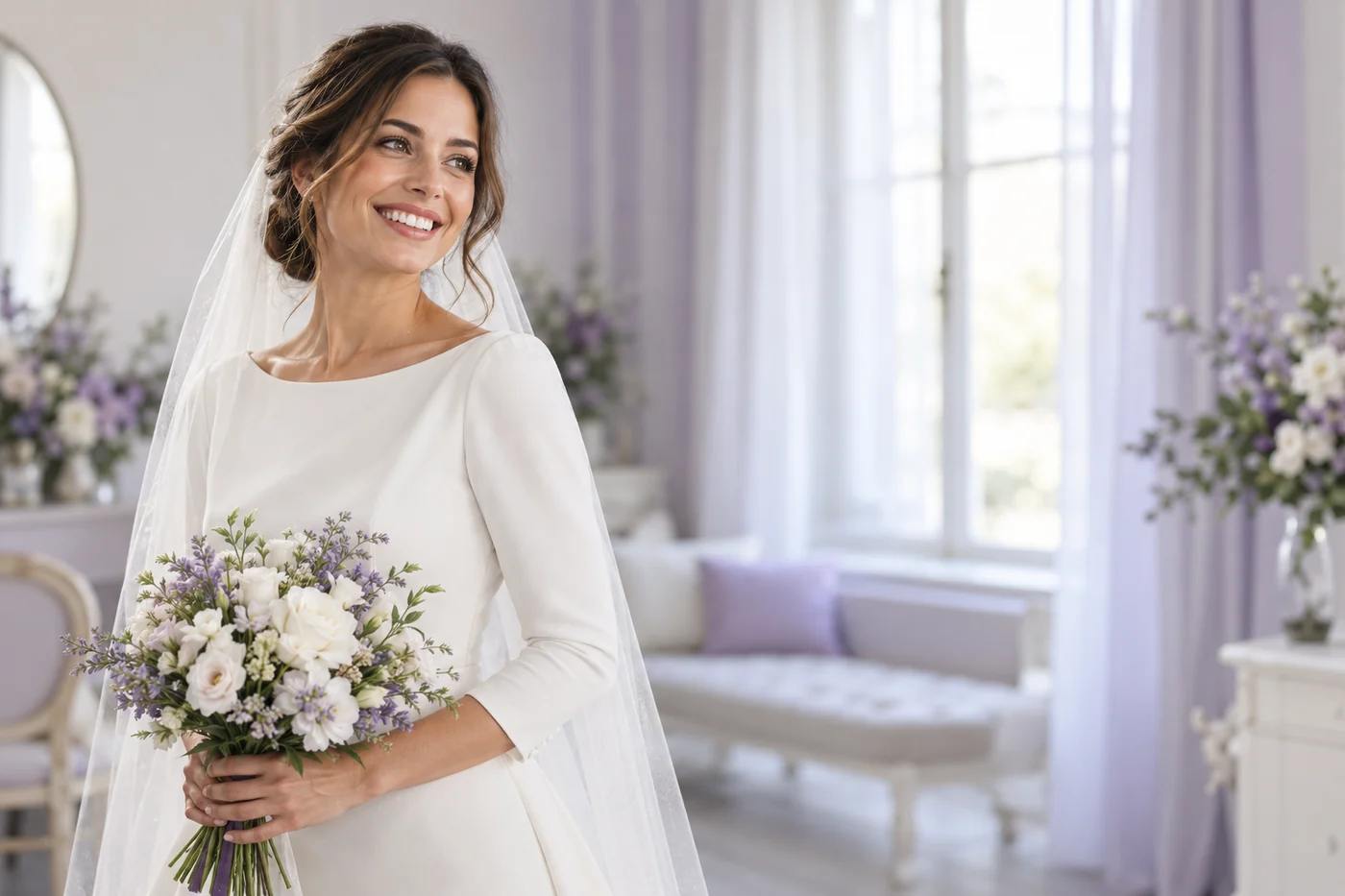 Novia sonriente con vestido blanco, velo y ramo de flores blancas y lilas